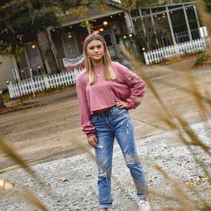 Women Pink Crop Top Long Sleeve